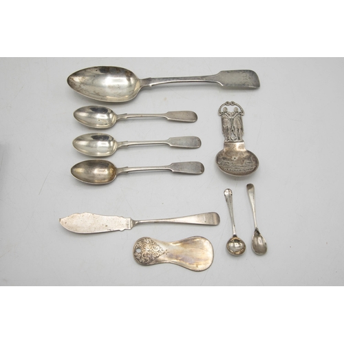 182 - Collection of silver spoons to include Scottish silver fiddle table spoon, three teaspoons, two salt... 