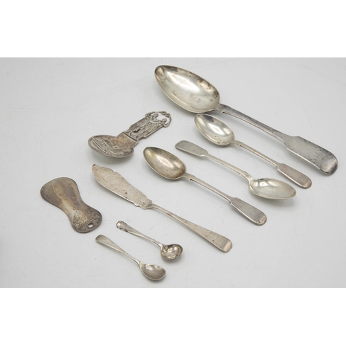 182 - Collection of silver spoons to include Scottish silver fiddle table spoon, three teaspoons, two salt... 