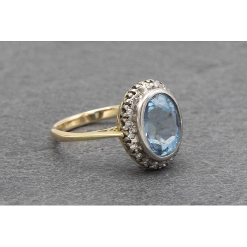 74 - 9ct aquamarine and diamond halo ring, 1.5ct aquamarine, size L, 4.2g