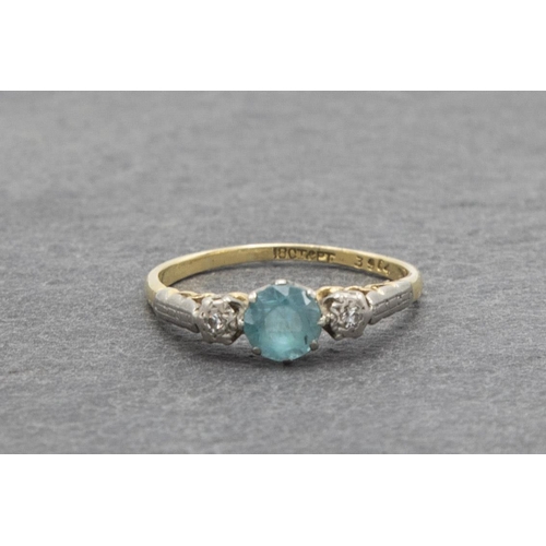 77 - 18ct aquamarine and diamond cluster ring, .50 aquamarine, size N, 2.6g