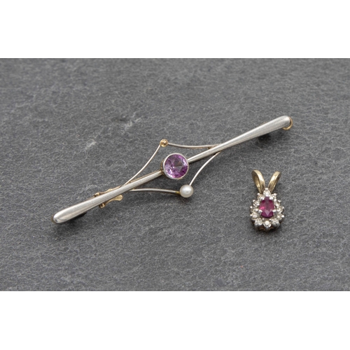 80 - 18ct pink sapphire and diamond cluster pendant, .20ct sapphire, .8g with 9ct bar brooch (2)