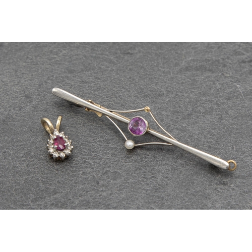 80 - 18ct pink sapphire and diamond cluster pendant, .20ct sapphire, .8g with 9ct bar brooch (2)