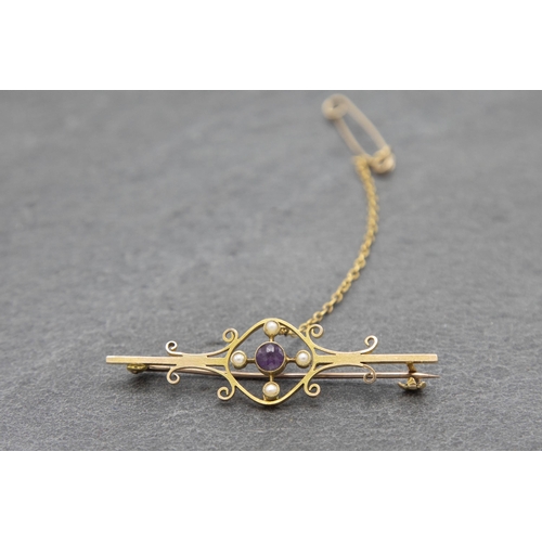 86 - 15ct Arts and Crafts amethyst and pearl bar brooch, 5.1cm long, 3.9g