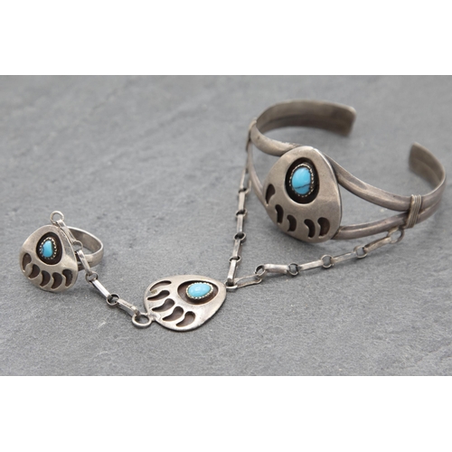 89 - Unusual Navajo silver and turquoise bracelet, charm and ring suite, size R, 33.8g