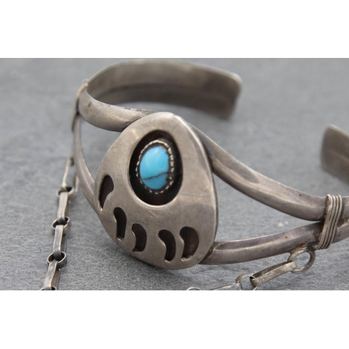 89 - Unusual Navajo silver and turquoise bracelet, charm and ring suite, size R, 33.8g