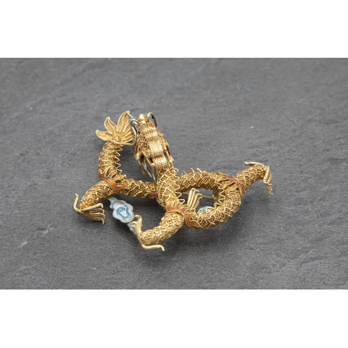 91 - Chinese export silver gilt filigree dragon brooch, with enamel panels, 6 x 8cm