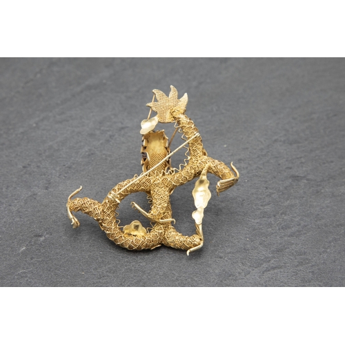 91 - Chinese export silver gilt filigree dragon brooch, with enamel panels, 6 x 8cm