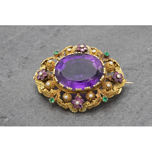 92 - Superb Austro-Hungarian Georgian 22ct Amethyst, ruby, emerald and pearl brooch, the central stone 30... 