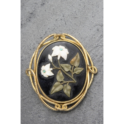 93 - 19th century Pietra Dura and pinchbeck gold brooch, 6.5 x 6cm