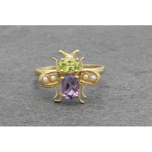 96 - Attractive silver gilt, amethyst, peridot and pearl Suffragette Bee ring, size N, 2.7g