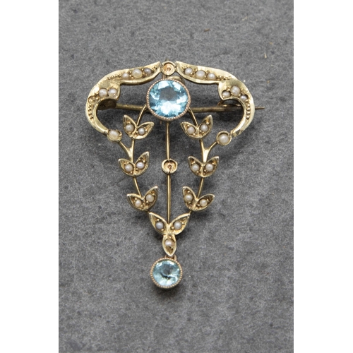 97 - Edwardian 9ct aquamarine and seed pearl lavalier pendant or brooch, 4cm high, 3.1g