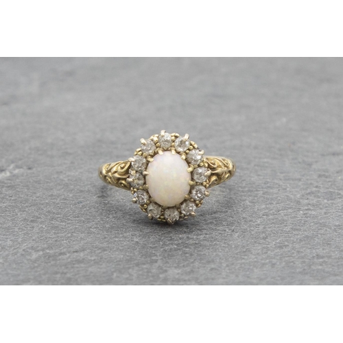 98 - Victorian 18ct opal and diamond cluster ring, size I, 3.2g