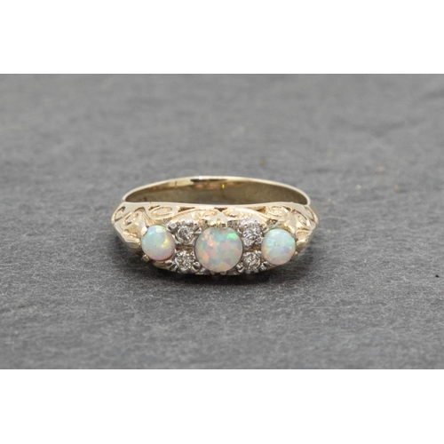 100 - Attractive 9ct opal and diamond cluster ring, size N, 3.3g