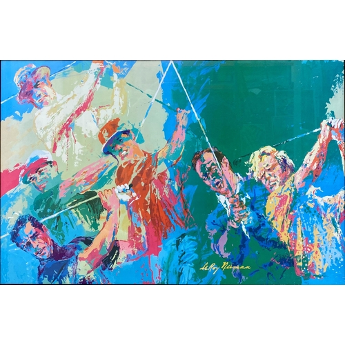 1561 - LeRoy Neiman (American 1921-2012) - Golfers at Augusta, colour print, 48 x 80cm, framed