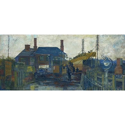 1557 - Mid 20th century Northern school - Industrial landscape, unsigned, oil on board, 45 x 108cm, framed