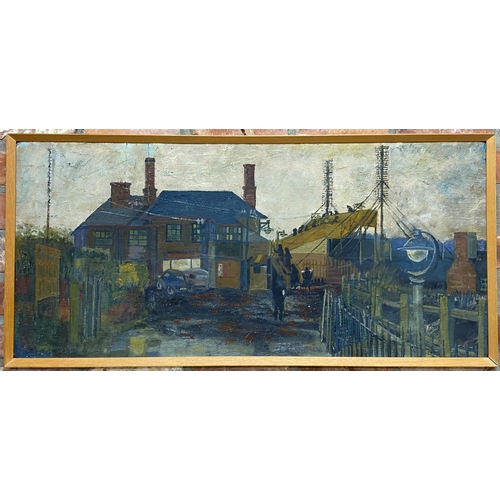 1557 - Mid 20th century Northern school - Industrial landscape, unsigned, oil on board, 45 x 108cm, framed