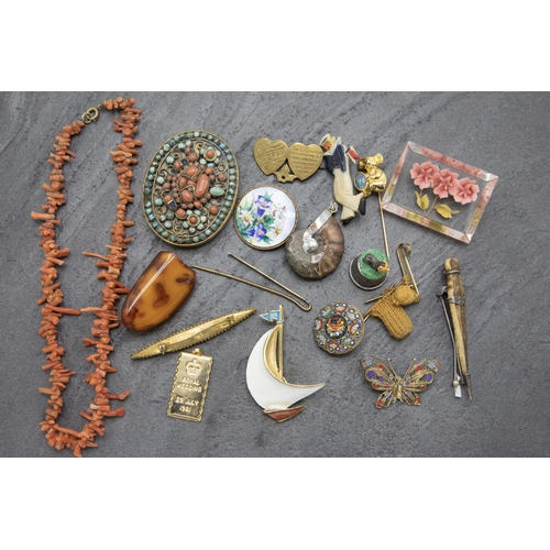 143 - Mixed collection of costume jewellery to include coral necklace, amber brooch, micro mosaics, enamel... 