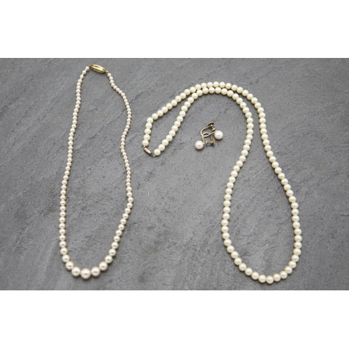 147 - Pair of 9ct pearl earrings, with two pearl necklaces with 9ct clasps (3)