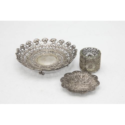 196 - Two filigree silver dishes, the largest 13cm diameter with further salt, 4.5oz approx