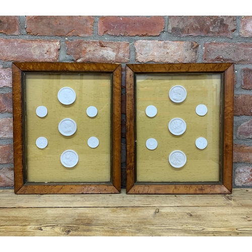 2444 - Two sets of hand carved Italian Grand Tour plaster plaques, held in birds eye maple frames, 45cm x 3... 