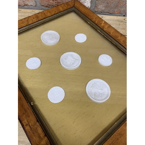 2444 - Two sets of hand carved Italian Grand Tour plaster plaques, held in birds eye maple frames, 45cm x 3... 