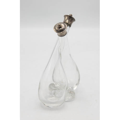 175 - Victorian hand blown oil and vinegar bottle with silver top, maker mark rubbed, Birmingham 1881, H 1... 