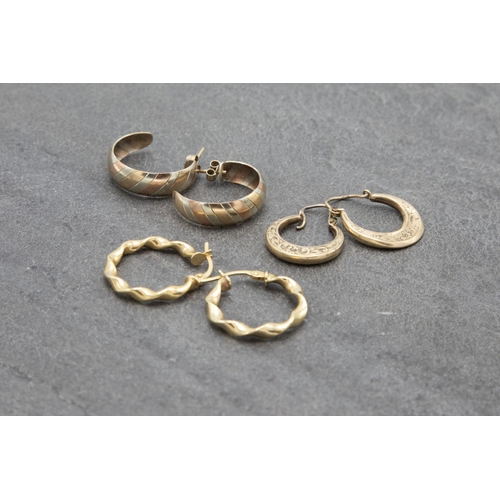 158 - Three pairs on 9ct hoop earrings to include a pair of tri-colour earrings, 3.4cm diameter, 4.5g