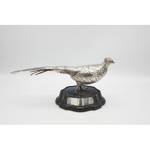 219 - Well observed Edwardian German Hanou silver pheasant model or decanter, with removable head, upon an... 