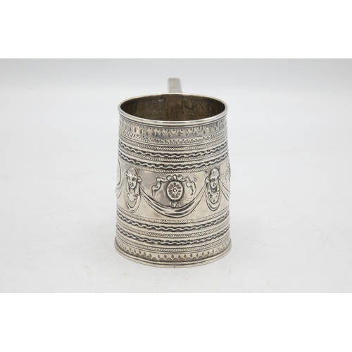 223 - Good quality George III silver mug, embossed with masks and swags, maker Peter and William Bateman?,... 