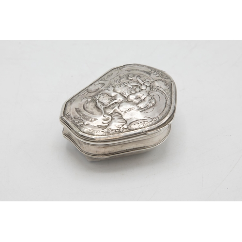 227 - Unusual and rare shaped silver snuff box, the hinged lid embossed with a garden landscape, maker Lew... 