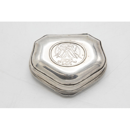 227 - Unusual and rare shaped silver snuff box, the hinged lid embossed with a garden landscape, maker Lew... 