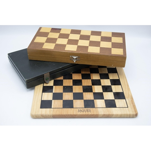 2451 - Chequered games board by Jaques of London, with chess set and further travel chess set