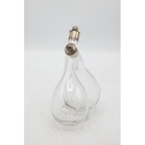 179 - Hand blown glass oil and vinegar bottle with silver top finish, John Collard Vickery, London 1922, H... 