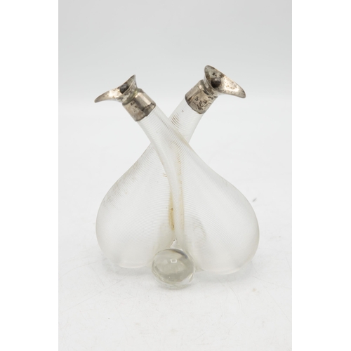 180 - Victorian hand blown ribbed glass oil and vinegar bottle with silver top and stoppers, maker William... 