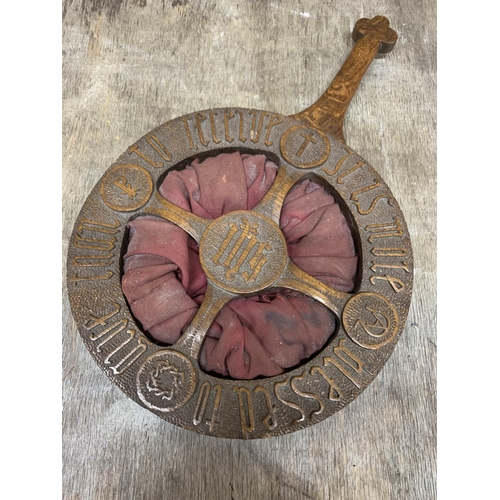 Antique Victorian church offering bag with carved oak frame and velvet