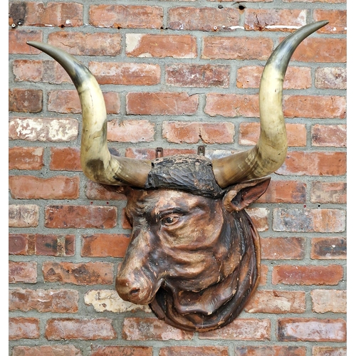 Impressive black forest Folk Art hand carved wooden bulls head with genuine horns, ex butchers shop display, H 50cm x W 83cm