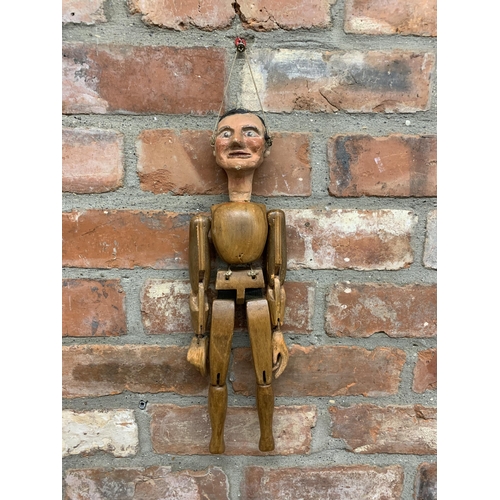 3640 - Hand crafted 19th century articulated wooden Folk Art puppet with papier mache head, L 40cm