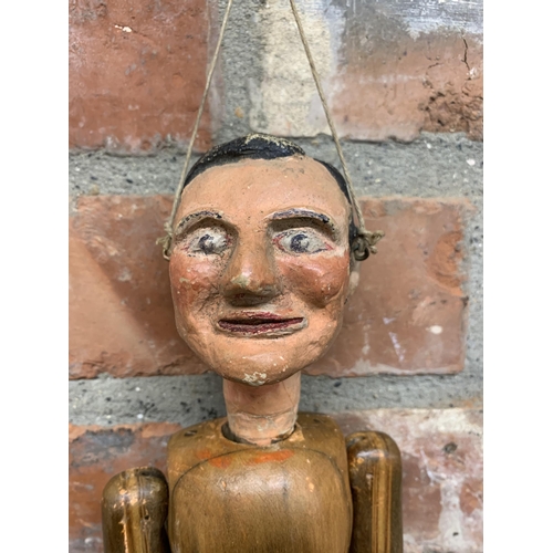 3640 - Hand crafted 19th century articulated wooden Folk Art puppet with papier mache head, L 40cm