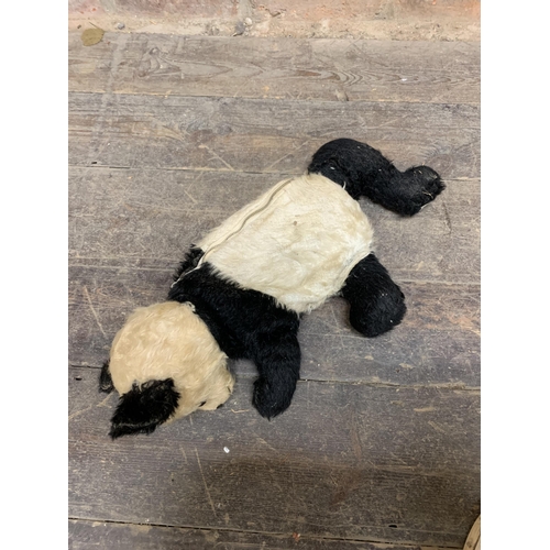 3658 - Vintage Alpha Farnell panda plush pyjama bag, label to foot, L 55cm