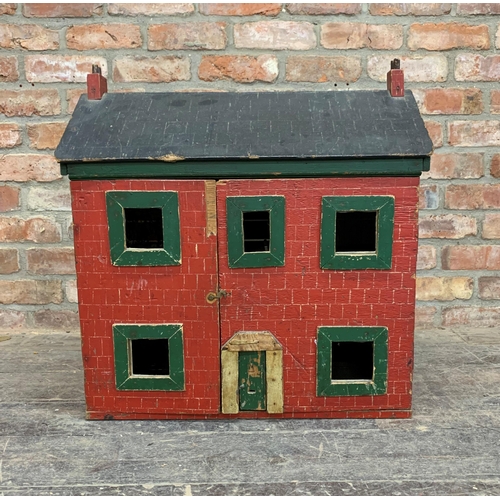 3659 - Vintage wooden children's doll house with red brick and green frame finish, H 65cm x W 64cm x D 55cm