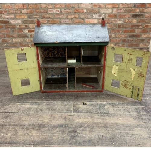 3659 - Vintage wooden children's doll house with red brick and green frame finish, H 65cm x W 64cm x D 55cm