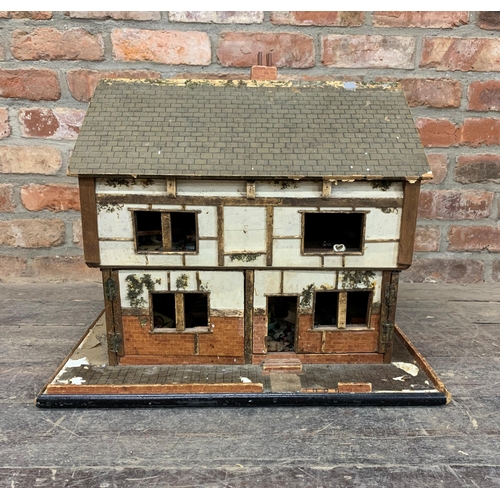 3661 - Vintage wooden Tudor style and red brick dolls house, H 50cm x W 60cm x D 50cm