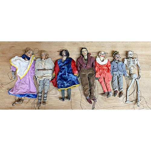 3665 - Collection of seven 19th century Folk Art puppets, with lead feet (the skeleton with lead head), wit... 