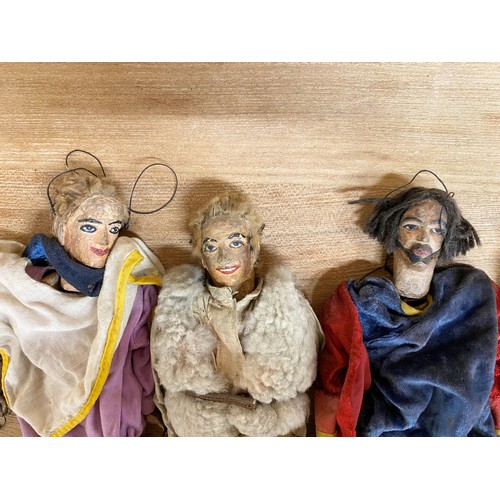 3665 - Collection of seven 19th century Folk Art puppets, with lead feet (the skeleton with lead head), wit... 