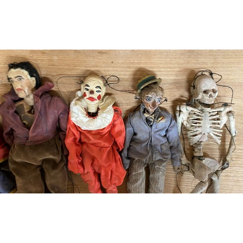 3665 - Collection of seven 19th century Folk Art puppets, with lead feet (the skeleton with lead head), wit... 