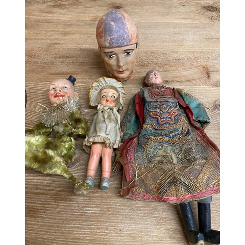 3665 - Collection of seven 19th century Folk Art puppets, with lead feet (the skeleton with lead head), wit... 