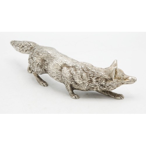 205 - Well observed cast silver prowling fox, Sheffield 1993, 24cm long, 24oz approx