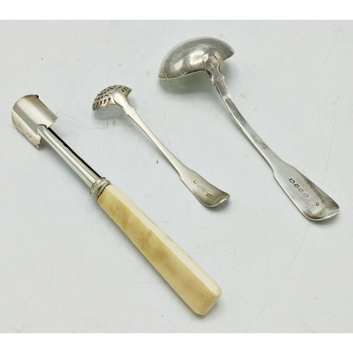 142 - George III silver sauce ladle, maker WE, London 1808, 17cm long with a further sifter spoon and feed... 