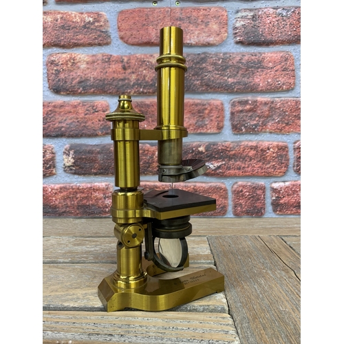 2302 - Antique Lietz Wetzlar brass scientific microscope with quantity of additional lenses, No. 16850, hel... 