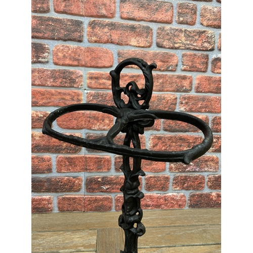 2219 - Victorian cast iron Art Nouveau style umbrella stand with naturalistic leaf base and pierced stem, H... 